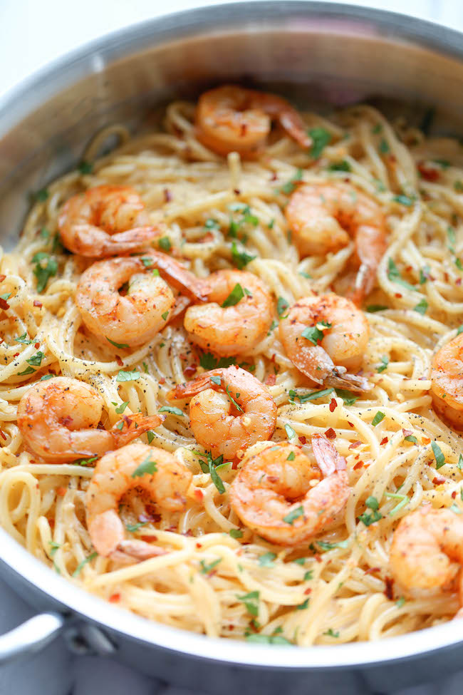 Spaghetti aux crevettes et beurre à l’ail